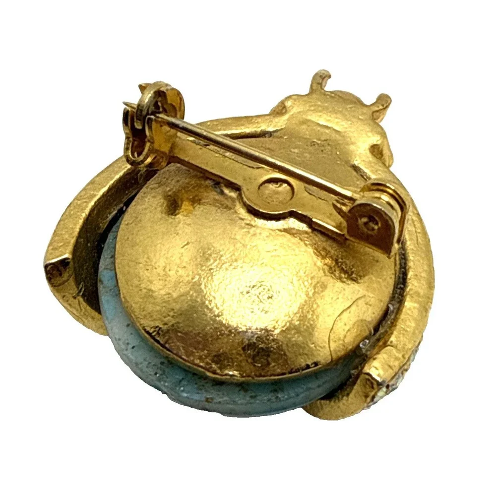 Vintage Unsigned Hattie Carnegie Ladybug Brooch Gold Tone Blue Body Beetle 1.25